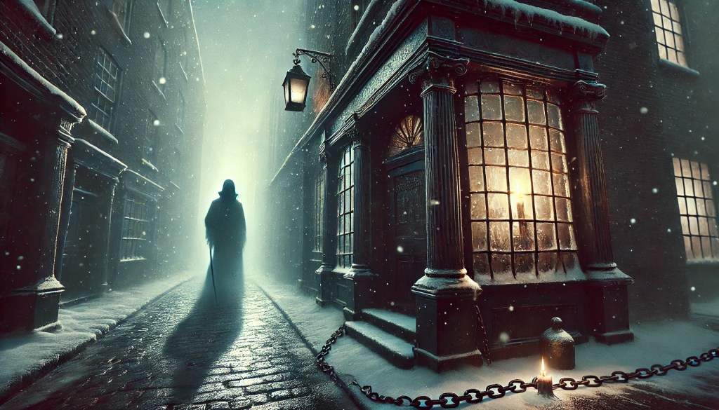 "It was cold, bleak, biting weather: foggy withal: and he could hear the people in the court outside, go wheezing up and down, beating their hands upon their breasts, and stamping their feet upon the pavement stones to warm them. The city clocks had only just gone three, but it was quite dark already—it had not been light all day—and candles were flaring in the windows of the neighbouring offices, like ruddy smears upon the palpable brown air."