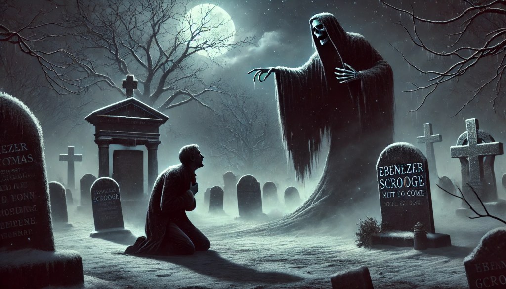 “The Spirit stood among the graves, and pointed down to one. He advanced towards it trembling. The Phantom was exactly as it had been, but he dreaded that he saw new meaning in its solemn shape. ‘Before I draw nearer to that stone to which you point,’ said Scrooge, ‘answer me one question. Are these the shadows of the things that Will be, or are they shadows of things that May be, only?’”