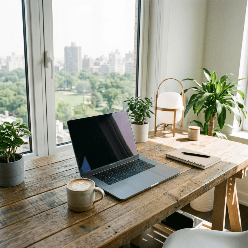 Laptop on wooden desk with coffee cup, notebook, plants, and city park view